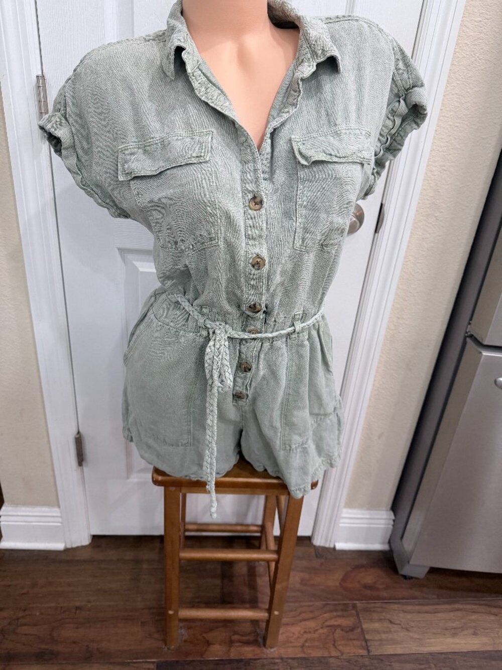 Nicole Miller Linen Lyocell Romper M Sage Green Utility Belted Shorts